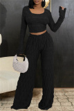 Brown Casual U Neck Long Sleeve T-shirt and Wide Leg Pants 3D Knitting Two Pieces Matching Sets