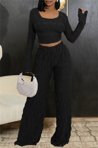 Brown Casual U Neck Long Sleeve T-shirt and Wide Leg Pants 3D Knitting Two Pieces Matching Sets