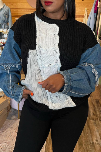 Grey Casual Loose Contrast Round Neck Long Denim Sleeve Slit Fall Winter Knitted Sweater Tops