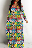 Lake Green Casual Cartoon Print Long Sleeve V Neck Floor Length Loose Vacation Baggy Loose Maxi Dress