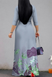 Haze Blue Floral Print V Neck 3/4 Sleeve Lace Up Summer Outings Vacation Straight Loose Maxi Dress