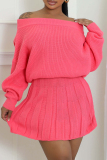 Rose Red Casual Backless Off Shoulder Long Lantern Sleeve Sweater Tops and Pleated Mini Skirts Fall Winter Two Pieces Dress Sets