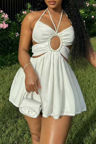 White Sleeveless Backless Halter Neck Cut-Out Beading Beach Vacation Casual Summer Outing A Line Mini Dress