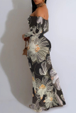 Grey Floral Fishtail Print Off Shoulder Long Flutter Sleeve Mermaid Hem Vacation Boho Style Maxi Dresse