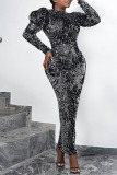 Grey Sequins Evening Party Gown High Neck Puff Sleeve Formal Bodycon Sparkling Prom Maxi Dress