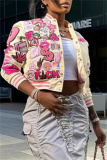 Pink Casual Graphic Print Striped Trim Button up Long Sleeve Varsity Jacket Outerwear