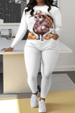 Earthy Yellow Casual Turkey Print Round Neck Long Sleeve Sweatshirt and Pencil Sweatpants Fall Winter Two Pieces Sweatsuits Sets