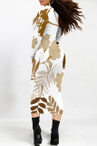 Black White Floral Print Half A Turtleneck Long Sleeve Casual Street Wrap Pencil Midi Dress