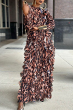 Khaki Vacation Evening Bohemian Print One-Shoulder Long Sleeve Layered Ruffles Maxi Dress