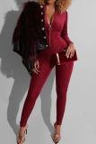 Wine Red Party Nightclub Casual Zipper Collar Long Sleeve Skinny Jumpsuits