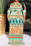 Green Purple Geometric Bohemian Print O Neck 3/4 Sleeve Long Casual Plus Size Vacation Maxi Dresses