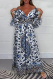 Pink Vacation Casual Floral Print Waisted Ruffle V Neck Long Flare Sleeve Wide Leg Loose Jumpsuits