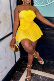 Yellow Party Cocktail 3D Floral Detail Strapless Sleeveless Sweetheart Neckline Pleated Mini Dress