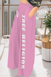 Dark Red Casual Street Letter Print Pocket Loose High Waist Wide Leg Pants Bottoms