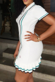 White Stripe Print Turndown Collar Short Sleeve Buttons Wrapped Skirt Sporty Ruffle Hem Casual Outing Bodycon Mini Dress