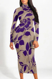 Black White Floral Print Half A Turtleneck Long Sleeve Casual Street Wrap Pencil Midi Dress