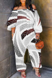 Rose Red Loose Casual Abstract Print Off Shoulder Long Lantern Sleeve Overall Jumpsuits