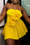 Yellow Party Cocktail 3D Floral Detail Strapless Sleeveless Sweetheart Neckline Pleated Mini Dress