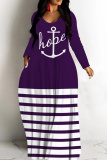 Green Casual Stripe Letter Print Long Sleeve V Neck Floor Length Loose Vacation Baggy Loose Maxi Dress