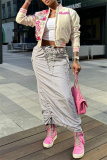 Pink Casual Graphic Print Striped Trim Button up Long Sleeve Varsity Jacket Outerwear