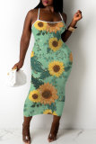Light Blue Casual Floral Print Sleeveless Backless Spaghetti Strap Long Bodycon Maxi Slip Dress