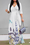 Haze Blue Floral Print V Neck 3/4 Sleeve Lace Up Summer Outings Vacation Straight Loose Maxi Dress