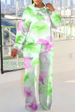 Blue Purple Casual Abstract Floral Print Hooded Long Sleeve Sweatshirt and Straight Leg Sweatpants Fall Winter Two Pieces Sweatsuit Sets