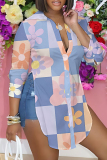 Rose Red Loose Casual Abstract Striped Print Button up Turndown Collar Long Sleeve Slit Tops Shirts