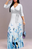 Haze Blue Floral Print V Neck 3/4 Sleeve Lace Up Summer Outings Vacation Straight Loose Maxi Dress