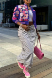 Pink Casual Graphic Print Striped Trim Button up Long Sleeve Varsity Jacket Outerwear