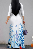 Haze Blue Floral Print V Neck 3/4 Sleeve Lace Up Summer Outings Vacation Straight Loose Maxi Dress