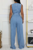 Light Blue Casual Pocket Strap Design Belted Round Neck Zip-up Sleeveless Wide Leg  Loose Denim Vest Jumpsuits