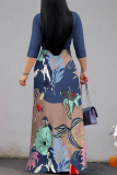 Haze Blue Floral Print V Neck 3/4 Sleeve Lace Up Summer Outings Vacation Straight Loose Maxi Dress