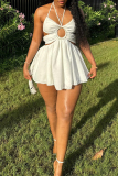 White Sleeveless Backless Halter Neck Cut-Out Beading Beach Vacation Casual Summer Outing A Line Mini Dress
