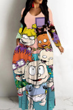 Lake Green Casual Cartoon Print Long Sleeve V Neck Floor Length Loose Vacation Baggy Loose Maxi Dress