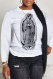 White Brown Casual Graphic Hand Lip Print Round Neck Long Sleeve T-Shirts Tops