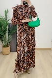 Khaki Vacation Evening Bohemian Print One-Shoulder Long Sleeve Layered Ruffles Maxi Dress