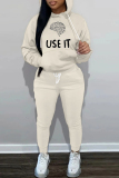 Apricot Sportwear Casual Letter Print Hooded Long Sleeve Sweatshirt and Pencil Sweatpants Fall Winter Two Pieces Sweatsuits Sets