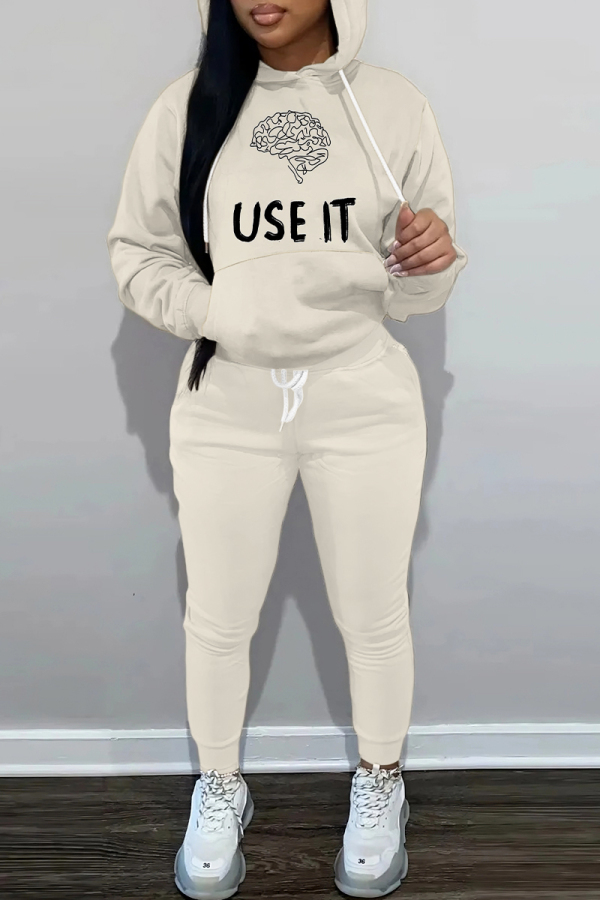 Apricot Sportwear Casual Letter Print Hooded Long Sleeve Sweatshirt and Pencil Sweatpants Fall Winter Two Pieces Sweatsuits Sets