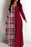 Blue White Casual Graphcis Print Long Sleeve V Neck Floor Length Loose Vacation Baggy Maxi Dress
