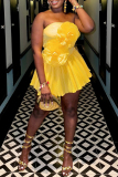 Yellow Party Cocktail 3D Floral Detail Strapless Sleeveless Sweetheart Neckline Pleated Mini Dress