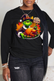 Black Thanksgiving Day Casual Grinch Turkey Print Round Neck Long Sleeve T-Shirts Tops