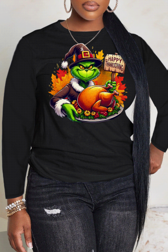 Black Thanksgiving Day Casual Grinch Turkey Print Round Neck Long Sleeve T-Shirts Tops