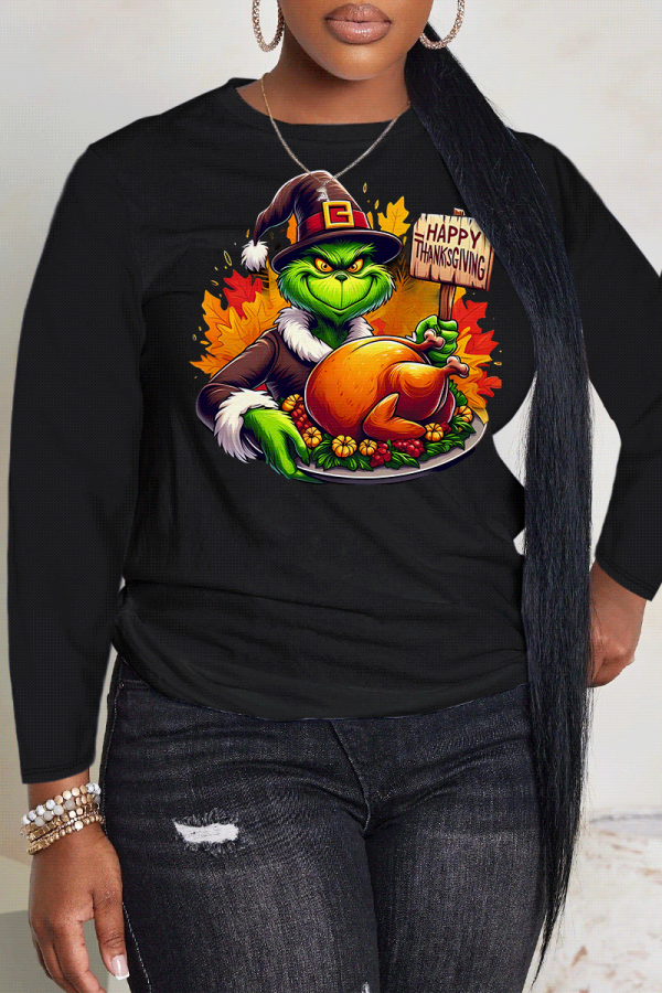 Black Thanksgiving Day Casual Grinch Turkey Print Round Neck Long Sleeve T-Shirts Tops