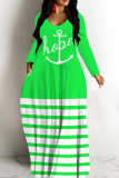 Green Casual Stripe Letter Print Long Sleeve V Neck Floor Length Loose Vacation Baggy Loose Maxi Dress