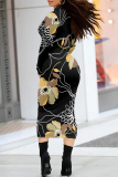 Black White Floral Print Half A Turtleneck Long Sleeve Casual Street Wrap Pencil Midi Dress