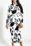 Black White Floral Print Half A Turtleneck Long Sleeve Casual Street Wrap Pencil Midi Dress