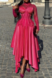 Fuchsia High Neck Sheer Lace Sleeve Asymmetrical Hem Evening Party Wedding Guest Midi Dress