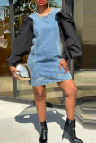 Blue Patchwork Contrast Round Neck Puff Sleeves Casual Outing Denim Mini Dress