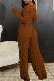Brown Casual U Neck Long Sleeve T-shirt and Wide Leg Pants 3D Knitting Two Pieces Matching Sets